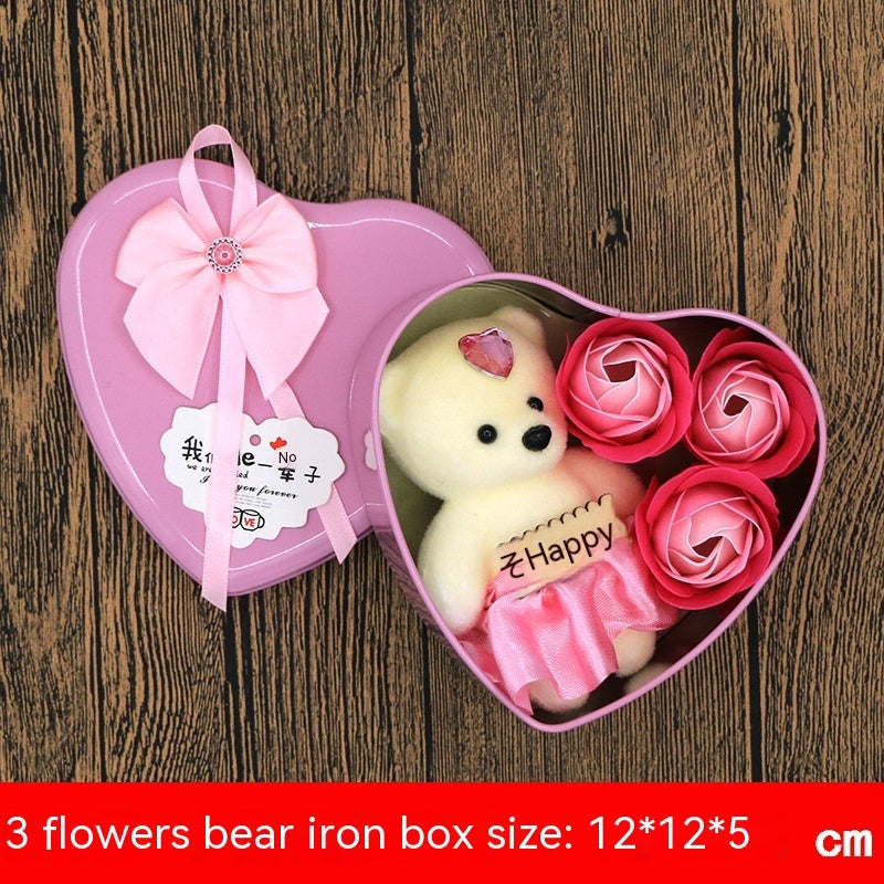 Flag Village Soap Flower Gift Box Valentine's Day Gift Mother's Day Creative Gifts Bear Flower Rose Heart Shaped Tin Box
