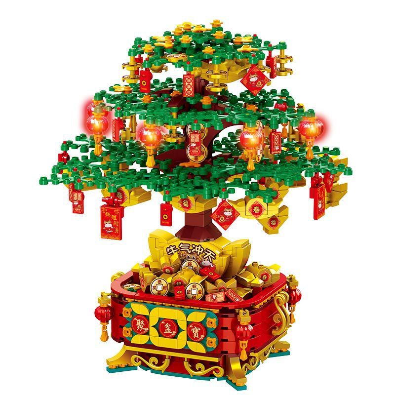 Flag Village DIY Building Blocks Music Box Christmas Tree Model Desktop Decoration Ornaments Gift Box For Woman Kids Present New Year Gifts