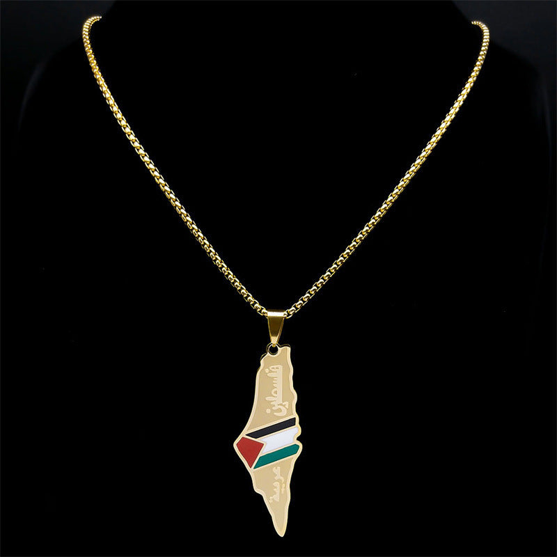 Flag Village Palestine Israel Map Pendant Necklaces For Men Women Stainless Steel Gold Color Palestinians Ethnic Map Jewelry Gifts