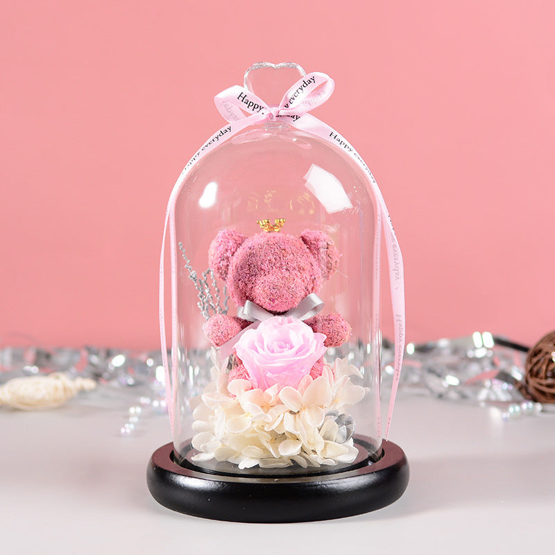 Flag Village Florist Gift Box Flowers Eternal Flower Glass Cover Bear Rose