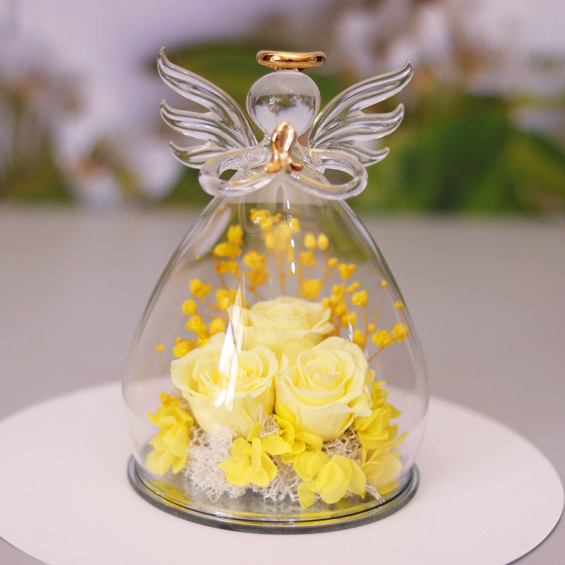 Flag Village Eternal Flower Gift Box Angel Glass Cover Dried Rose Gift Box For Christmas New Year Valentine's Day Home Decor