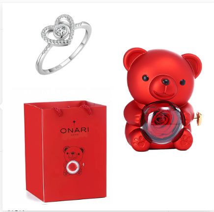 Flag Village Eternal Rose Teddy Bear Gifts Box With Necklace Rotate Rose Jewelry Box Valentine Wedding Storage Gift Case For Women Girlfriend