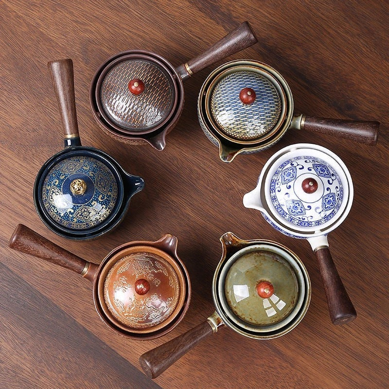 Flag Village Ceramic Teapot With Wooden Handle Side-handle Pot Household Kung Fu Oolong Filter Tea Maker Creative Black Pottery Teaware Gifts