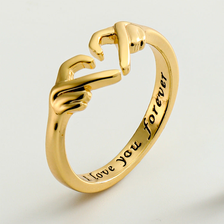 Flag Village Romantic Heart Hand Hug Fashion Ring For Women Couple Jewelry Silver Color Punk Gesture Wedding Men Finger Accessories Gifts
