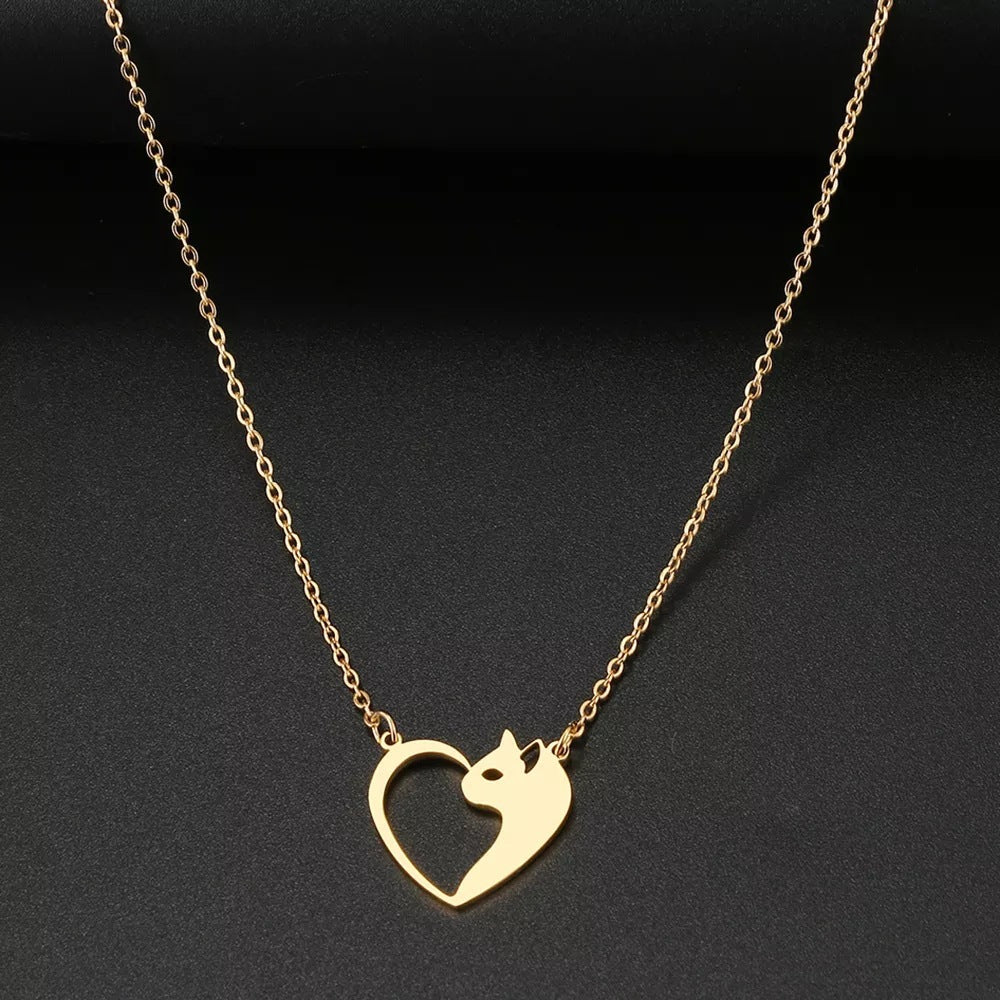 Flag Village Women's Fashion Jewelry Stainless Steel Necklaces Heart Cat Hollow Pendant Choker Clavicle Chain Charm Fashion Necklaces For Women Jewelry Girls Gifts