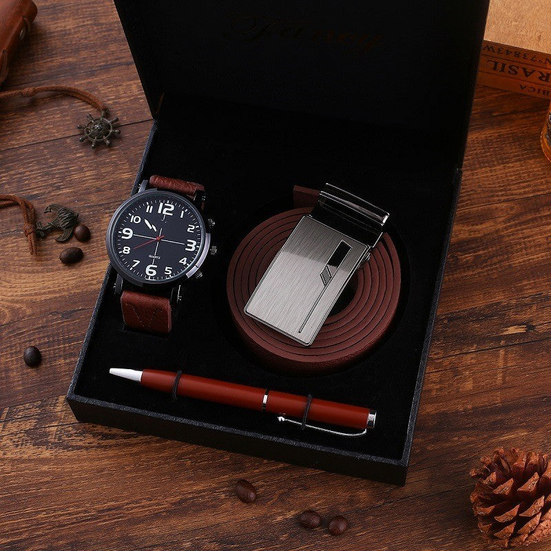 Flag Village Business Belt Wallet Wrist Watch Pen Gift Box Set For Men