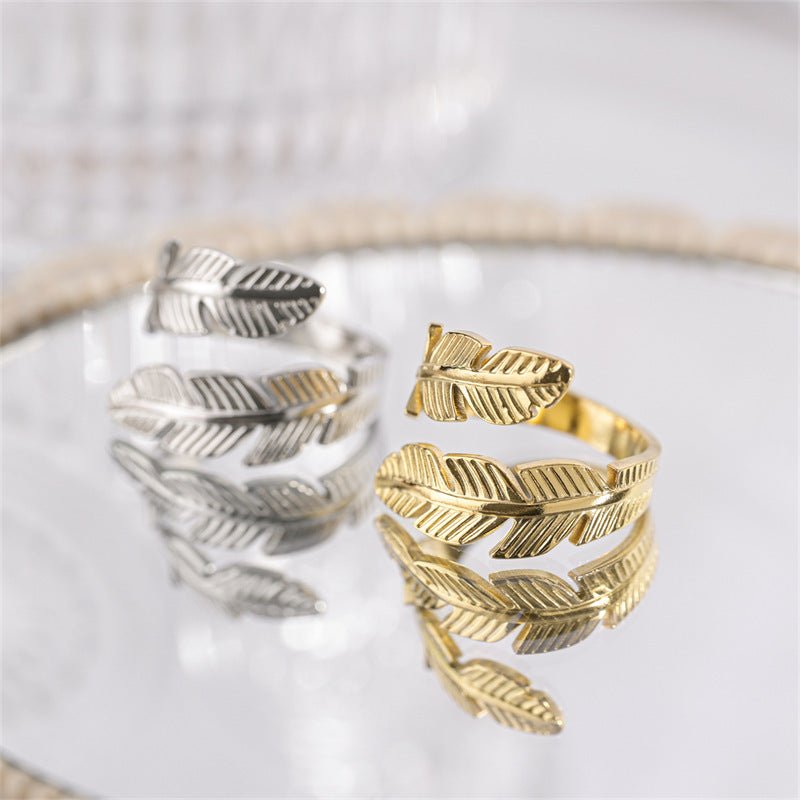 Gift & Souvenir Feather Ring Open Titanium Steel Ring Gold And Silver Color Opening Rings Creative Simple Feather Handmade Party Jewelry Gifts