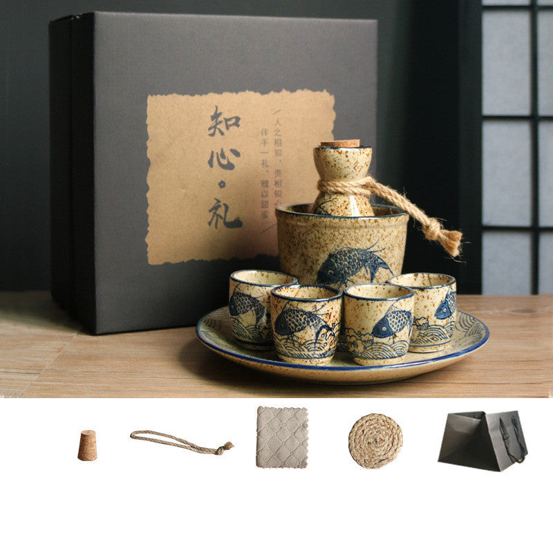 Flag Village Japanese Retro Sake Wine Warmer Gift Box Set Hot Wine Shochu Pot Ceramic Wine Cup White Wine Household Wine Glass