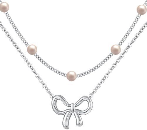 Flag Village Simple Pearl Double Layer Choker Fashion Gold Color Necklaces Chain Small Bow Pendant Necklace Jewelry Gifts For Women Fashion Jewelry Valentine's Day Gifts
