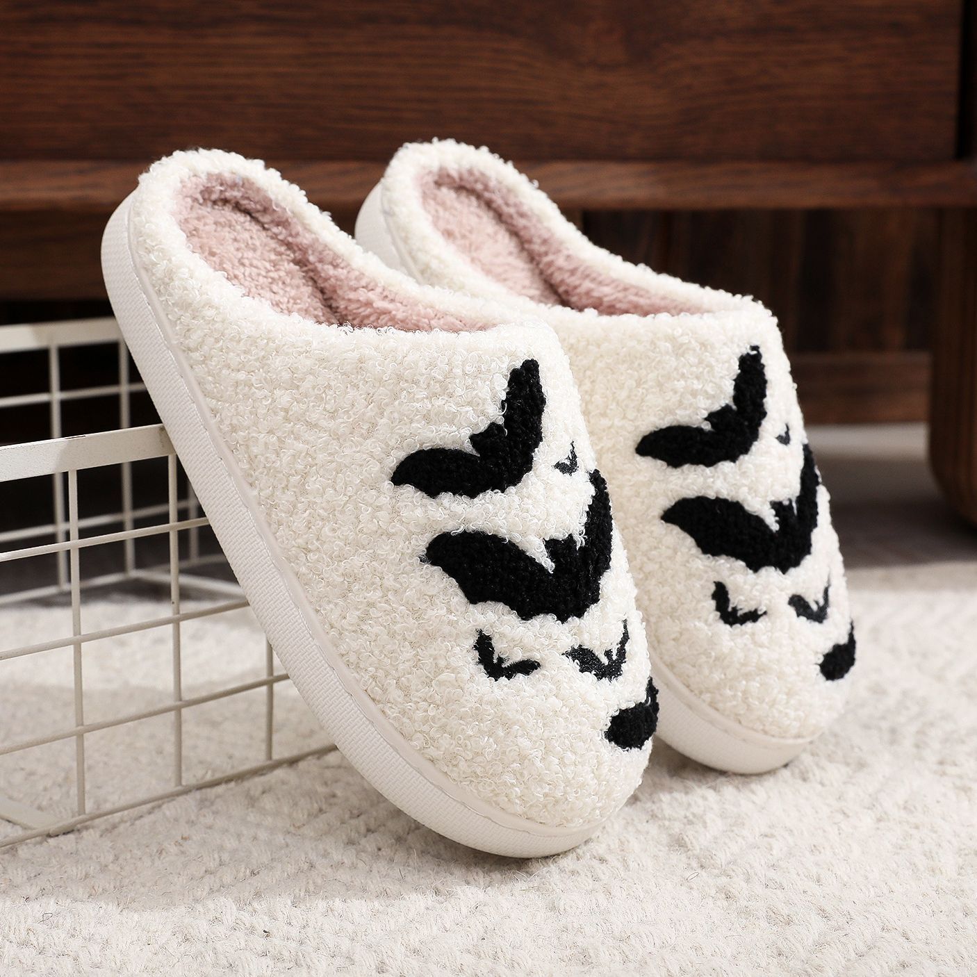 Flag Village Funny Bat Slipper Halloween Pumpkin Flat Indoor House Shoes For Women Men Soft Plush Cozy Horror Fashion Halloween Gifts