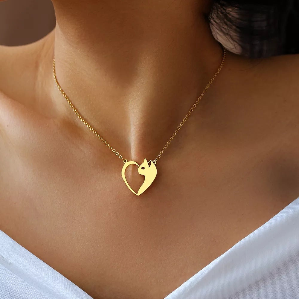 Flag Village Women's Fashion Jewelry Stainless Steel Necklaces Heart Cat Hollow Pendant Choker Clavicle Chain Charm Fashion Necklaces For Women Jewelry Girls Gifts