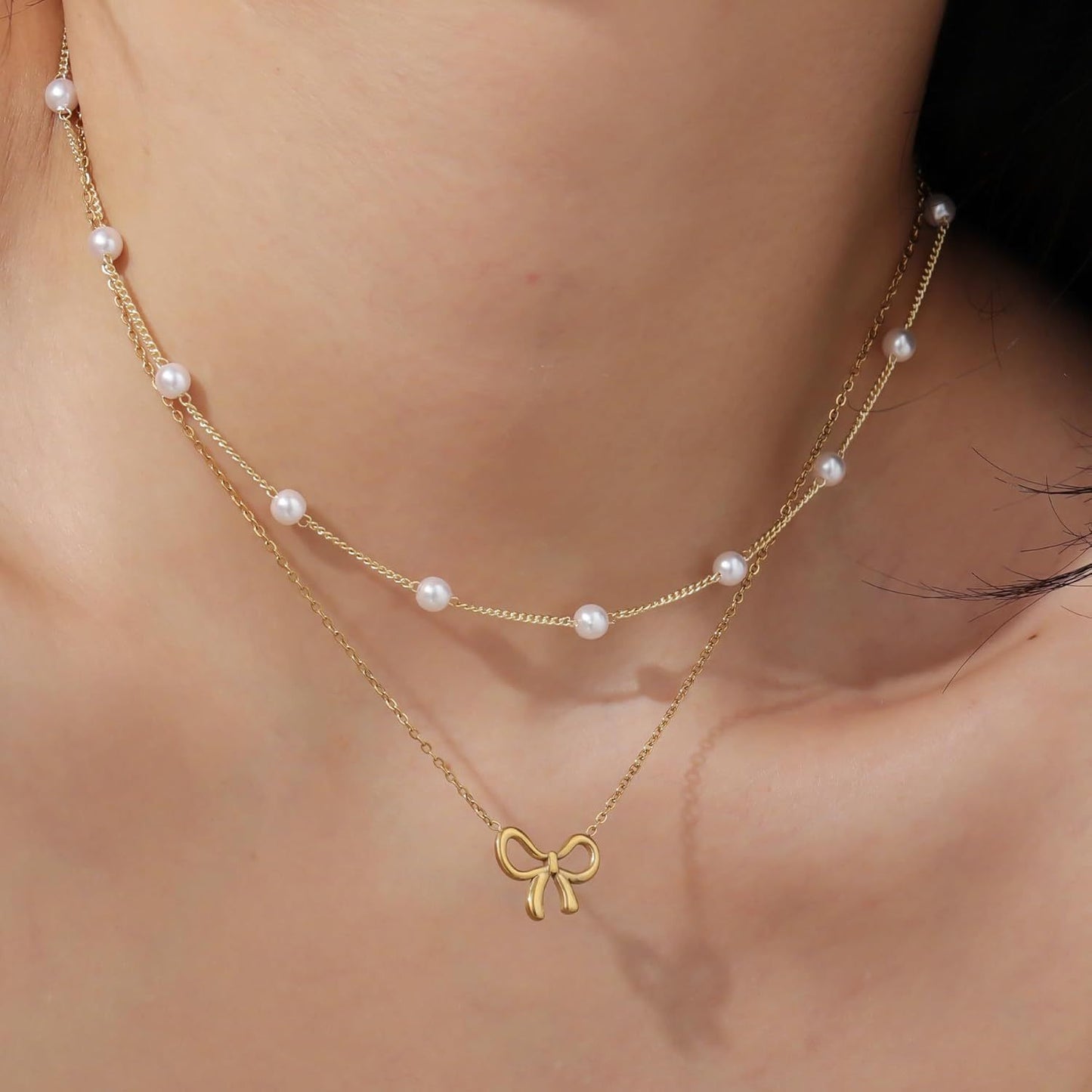 Flag Village Simple Pearl Double Layer Choker Fashion Gold Color Necklaces Chain Small Bow Pendant Necklace Jewelry Gifts For Women Fashion Jewelry Valentine's Day Gifts