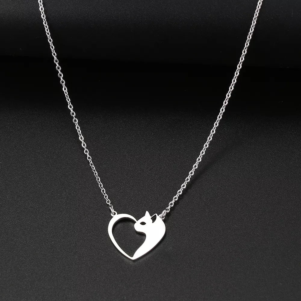 Flag Village Women's Fashion Jewelry Stainless Steel Necklaces Heart Cat Hollow Pendant Choker Clavicle Chain Charm Fashion Necklaces For Women Jewelry Girls Gifts
