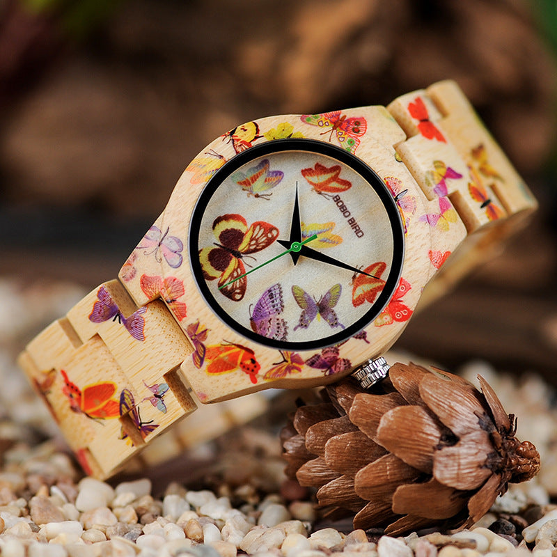 Flag Village BOBO BIRD O20 Butterfly Print Women Watches All Bamboo Made Quartz Wristwatch for Ladies in Wooden Gift Box