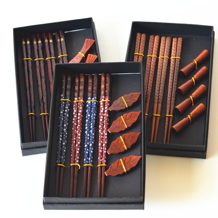 Flag Village Wooden Chopsticks 4 Pairs Of Chopsticks Chopstick Holder Combination Gift Box Set