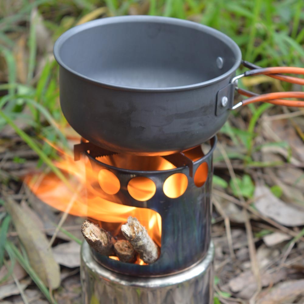 Flag Village Portable Camping Stove Combo Wood Burning Stainless Steel Stove And Cooking Pot Set For Outdoor Backpacking Fishing Hiking