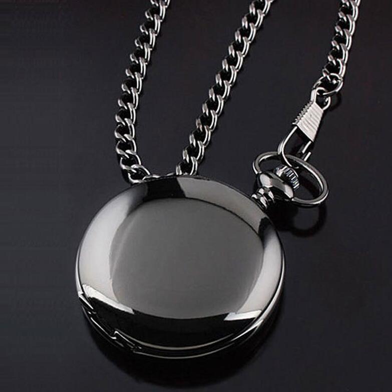 Flag Village retro black fashion silver smooth steampunk quartz pocket watch stainless steel chain necklace 30 cm for men for women with gift box