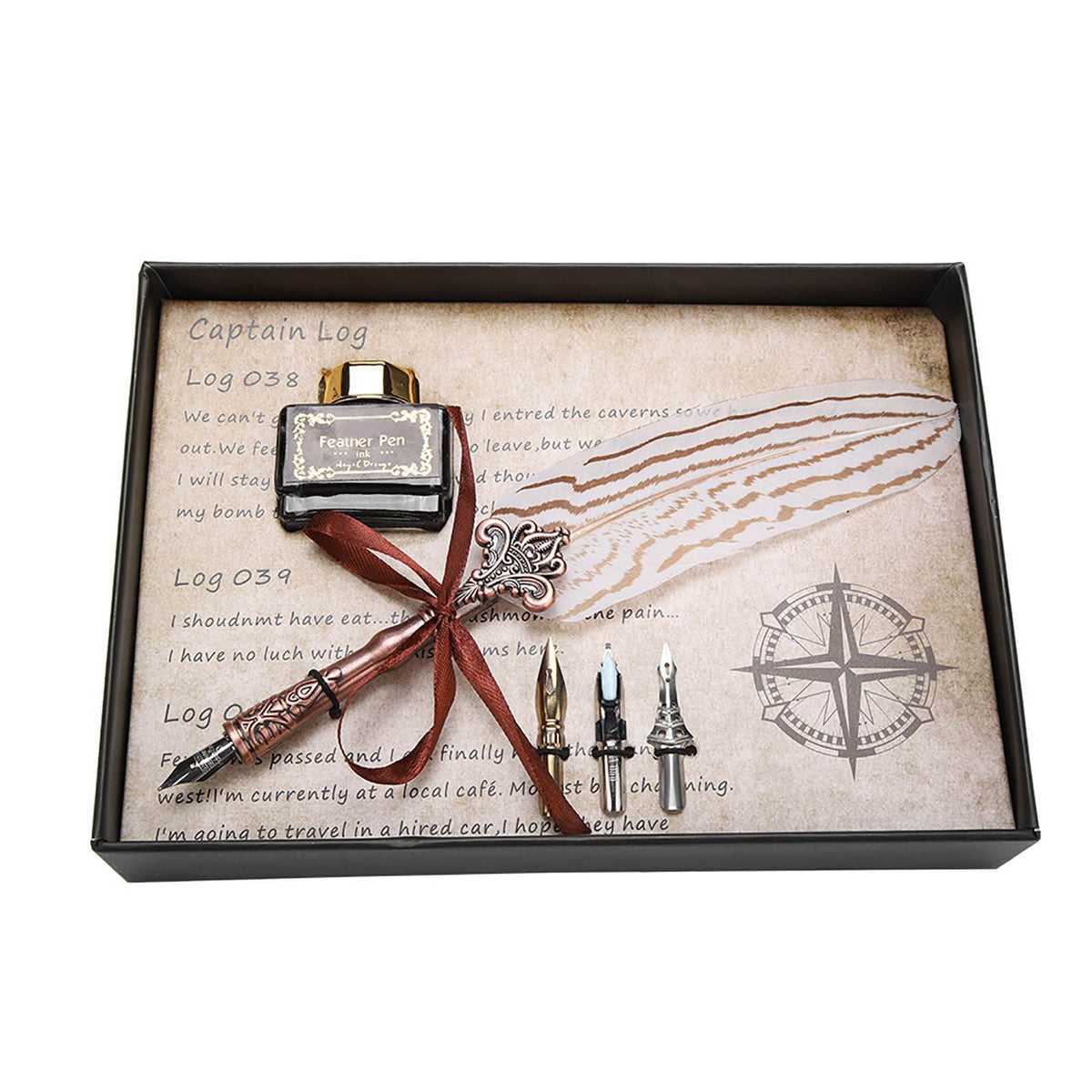 Flag Village Retro Classical Fountain Pen Feather Dip Pen Ink Bottle Set Stationery Gift Birthday Box White
