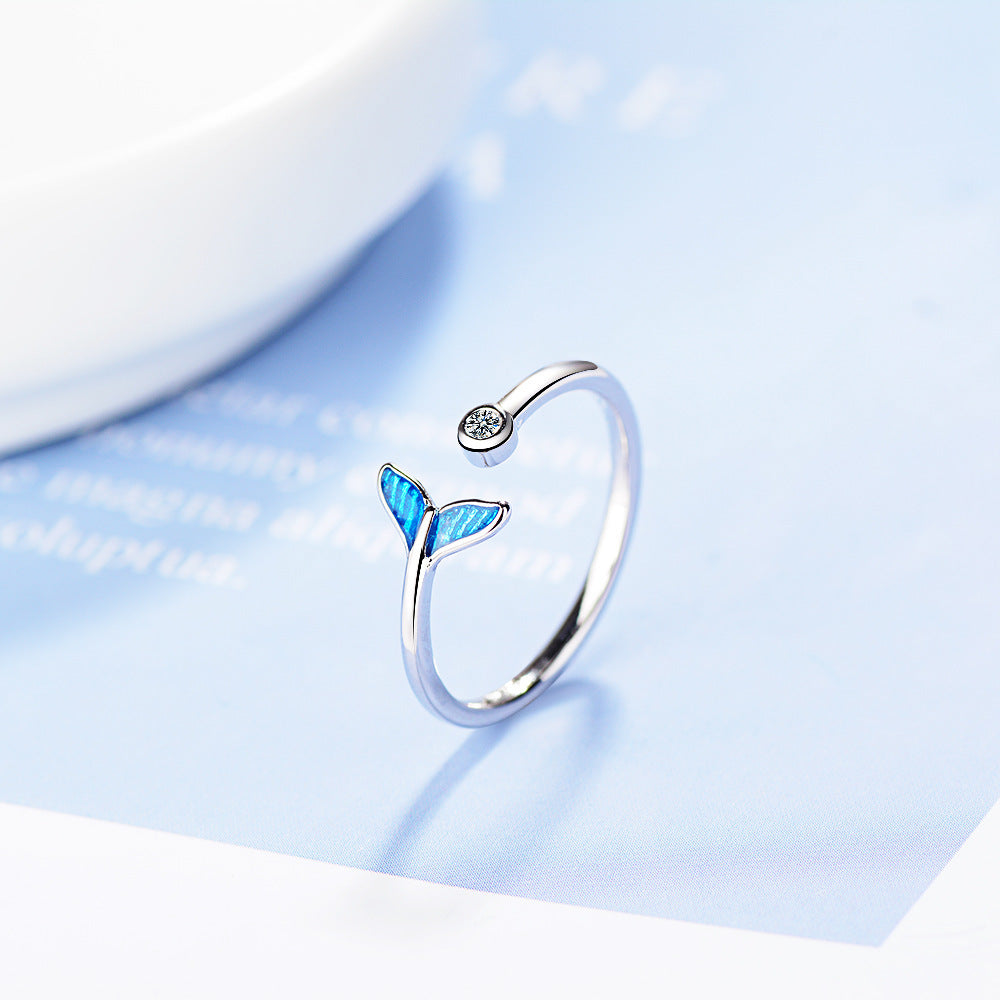 Flag Village Trendy Silver Color Blue Mermaid Tail Cuff Ring with Cubic Zirco Sea Whale Fish Tail Bague Rings Romantic Gifts