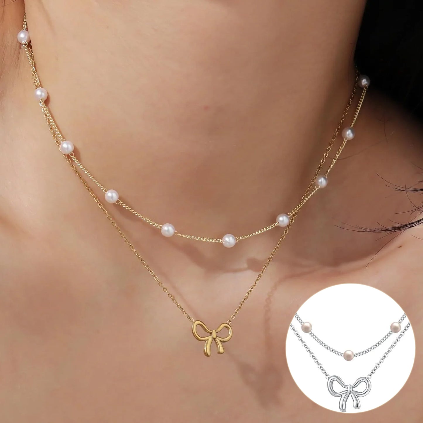 Flag Village Simple Pearl Double Layer Choker Fashion Gold Color Necklaces Chain Small Bow Pendant Necklace Jewelry Gifts For Women Fashion Jewelry Valentine's Day Gifts