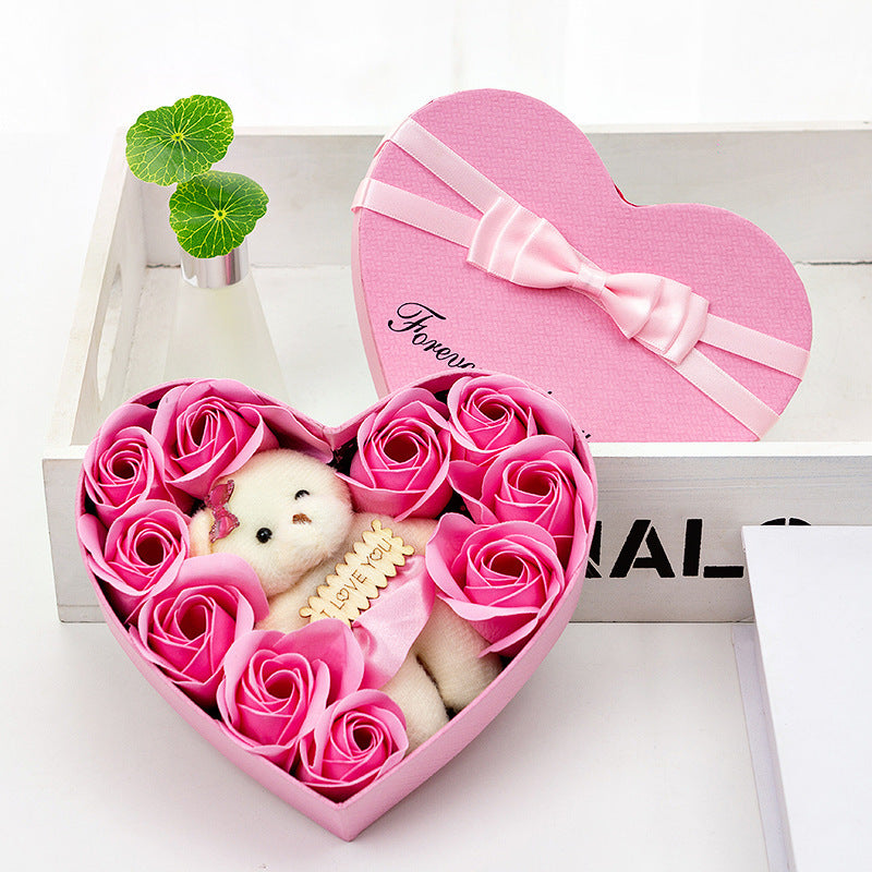 Flag Village 10 Soap Flower Rose Gift Box Bear Christmas Girlfriend Birthday Wedding Gift for Valentine's Day