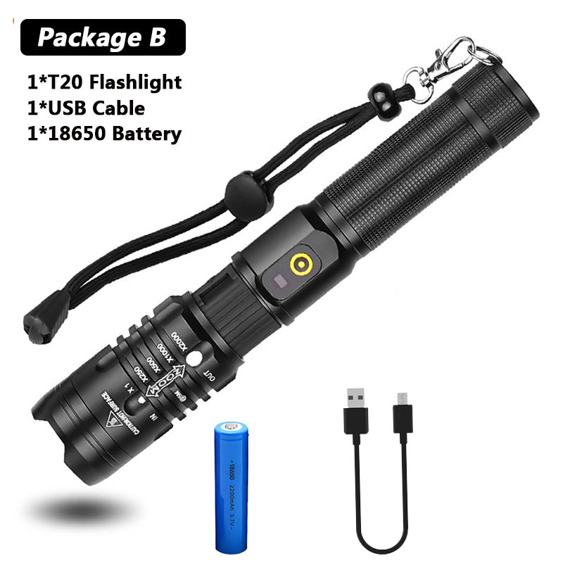 Flag Village Super Bright Flashlight Zoomable USB Rechargeable Electric Torch 5 Modes Torch Outdoor Fishing Waterproof