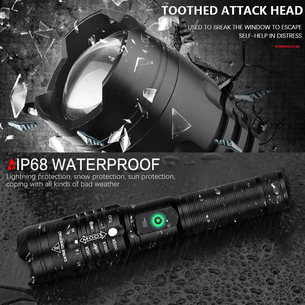 Flag Village Super Bright Flashlight Zoomable USB Rechargeable Electric Torch 5 Modes Torch Outdoor Fishing Waterproof
