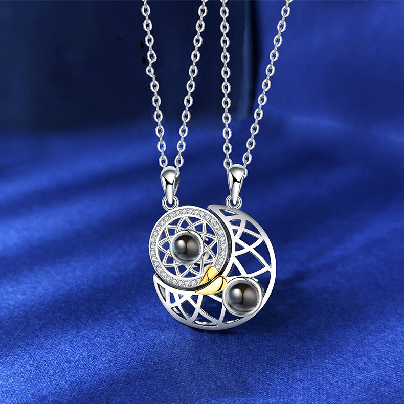 Flag Village Sun Moon Shape Couple Personalized Necklaces Wedding Birthday Jewelry Languages I Love You Projection Pendant Necklace Gifts