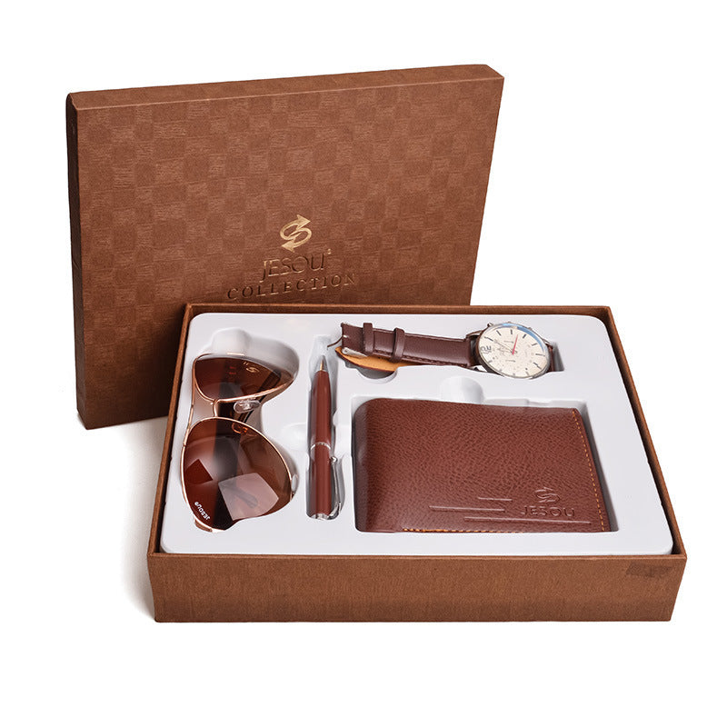 Flag Village Business Gift Set Fashion Glasses Quartz Watch Multi-Card Wallet Father's Day Business Gift Box