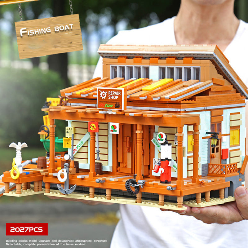 Flag Village Blocks Bricks Old Fishing House Series Captain's Wharf Toys For Kids Christmas Gifts