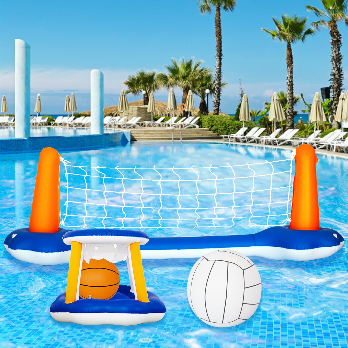 Flag Village Water Volleyball Rack, Inflatable Basketball, Swimming Pool, Beach Water Games, Water Raft Ball