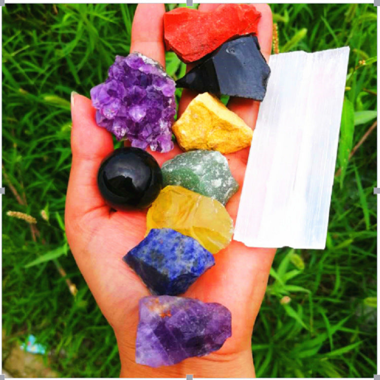 Flag Village Cross-Border Exclusively For Amazon Hot Selling Natural Crystal Rough Stone Set, Yoga Energy Seven Chakra Stone Gift Box Wholesale