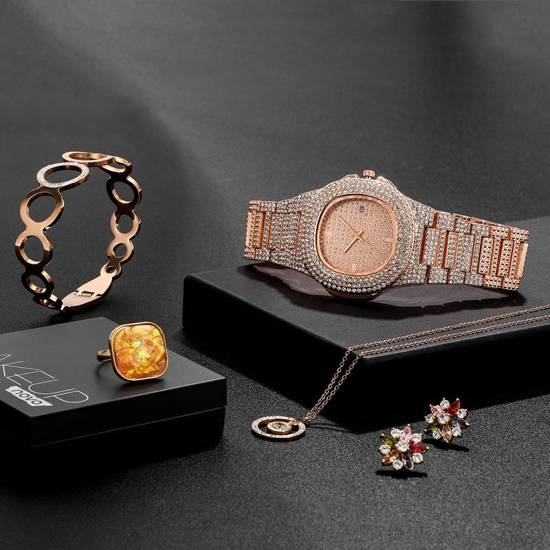 Flag Village Watch Full Diamond Exaggerated Stainless Steel Women'S Suit Combination Gift Box Watch