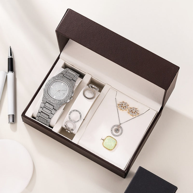 Flag Village Watch Full Diamond Exaggerated Stainless Steel Women'S Suit Combination Gift Box Watch