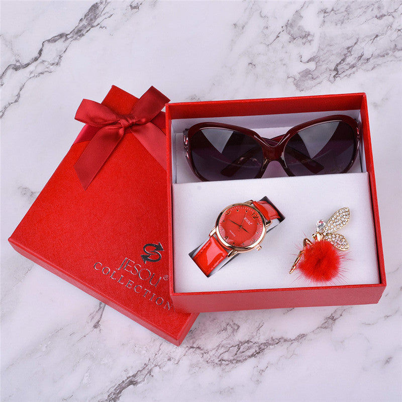 Flag Village Women Watches Leather Quartz Wristwatch Sunglasses Corsage 3 Pcs Girl Christmas Gift New Year Gift Ladies Gift Box