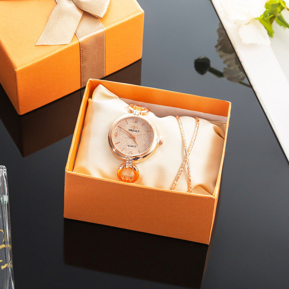Flag Village 2-Piece Simple Casual Watch Set, Frosted Hollow Watch, Cross Alloy Jewelry, Watch Gift Box