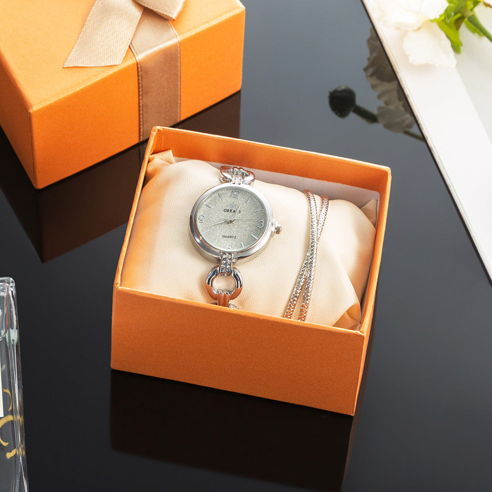 Flag Village 2-Piece Simple Casual Watch Set, Frosted Hollow Watch, Cross Alloy Jewelry, Watch Gift Box