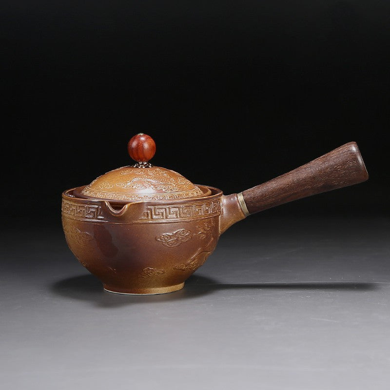 Flag Village Ceramic Teapot With Wooden Handle Side-handle Pot Household Kung Fu Oolong Filter Tea Maker Creative Black Pottery Teaware Gifts