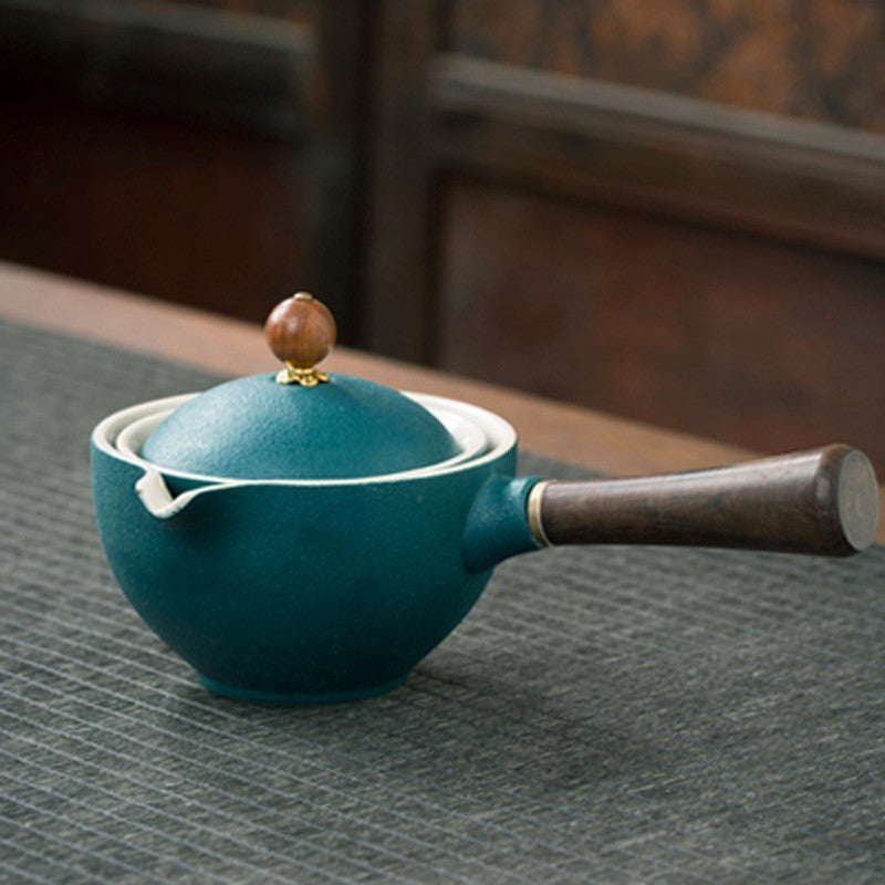 Flag Village Ceramic Teapot With Wooden Handle Side-handle Pot Household Kung Fu Oolong Filter Tea Maker Creative Black Pottery Teaware Gifts