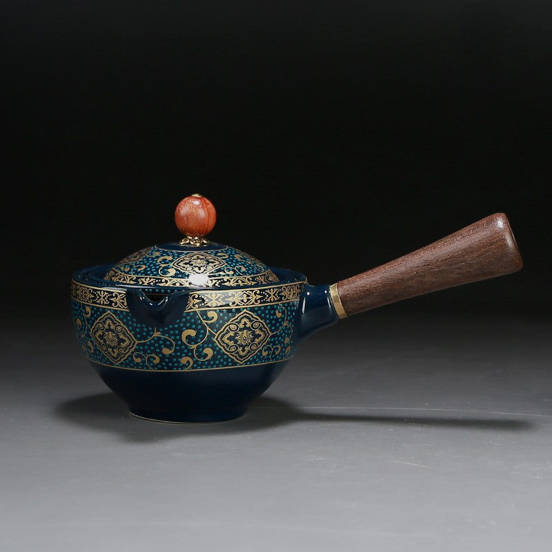 Flag Village Ceramic Teapot With Wooden Handle Side-handle Pot Household Kung Fu Oolong Filter Tea Maker Creative Black Pottery Teaware Gifts