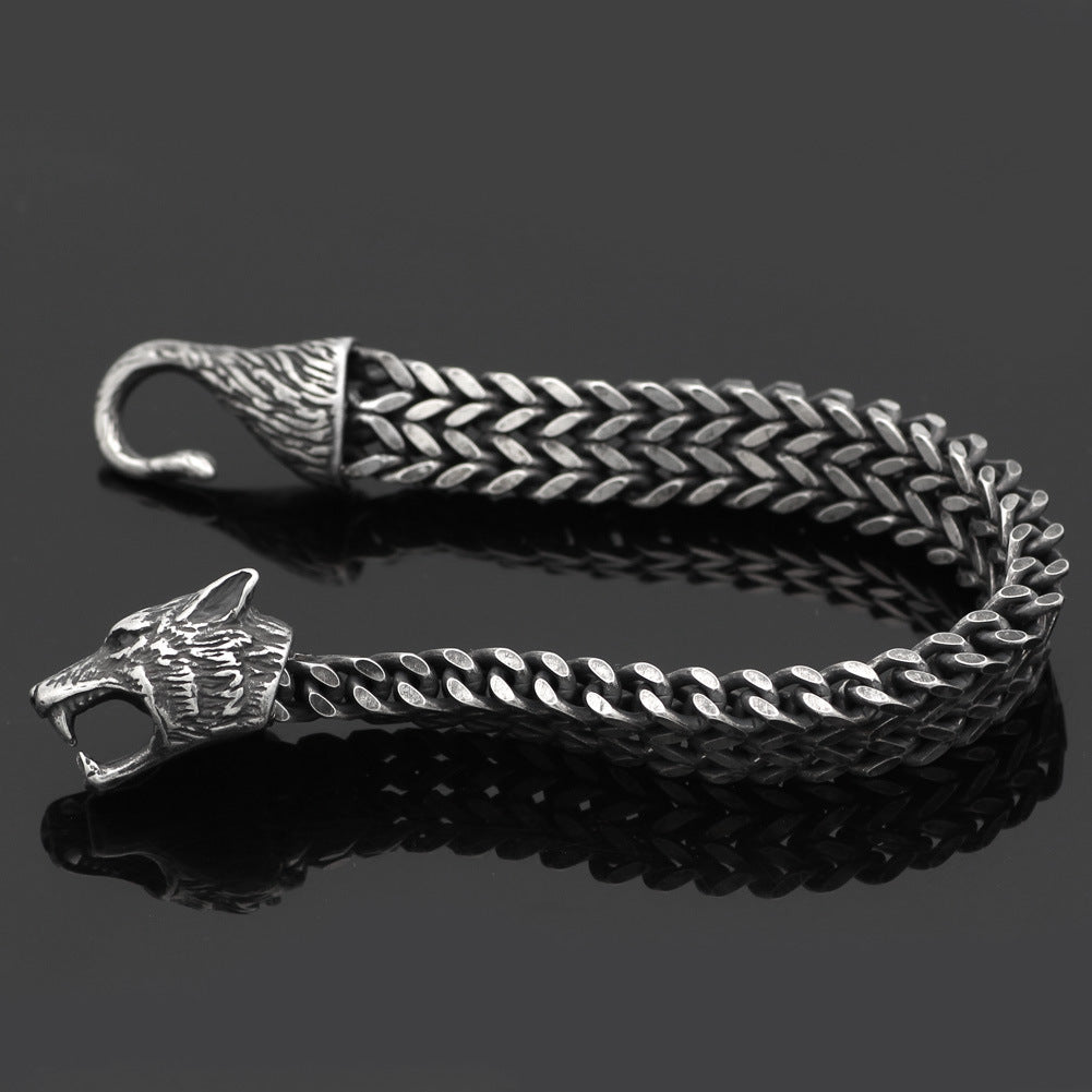Flag Village Bracelet Men Stainless Steel Vintage Black Wolf Head Cuban Chain Hand Wristband Male Fashion Jewelry Wholesale Accessories Gifts