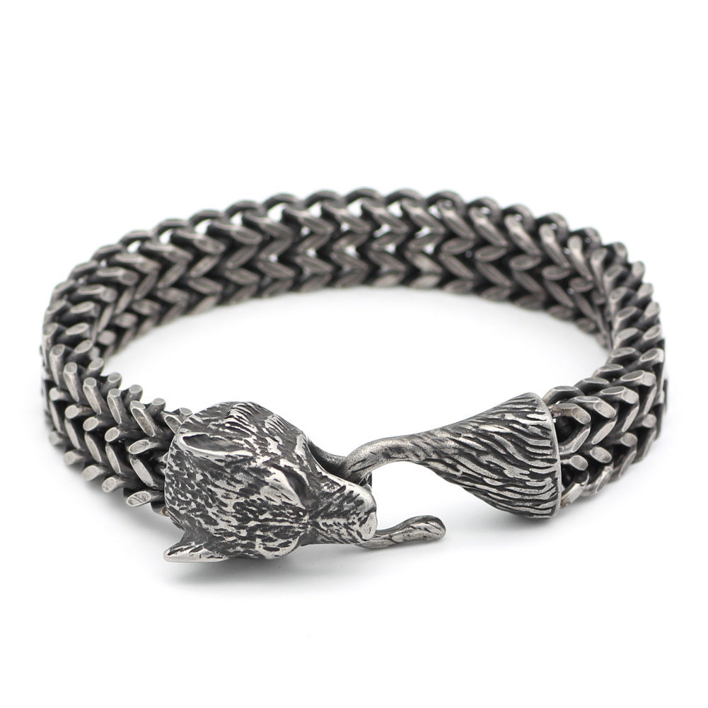 Flag Village Bracelet Men Stainless Steel Vintage Black Wolf Head Cuban Chain Hand Wristband Male Fashion Jewelry Wholesale Accessories Gifts