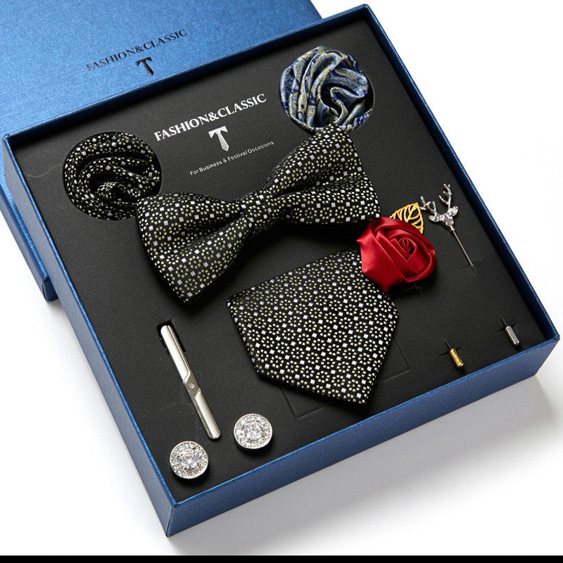 Flag Village New Men's Gift Box Tie Fashion Business Striped Necktie Square Scarf Combination Set Gift Box Gift