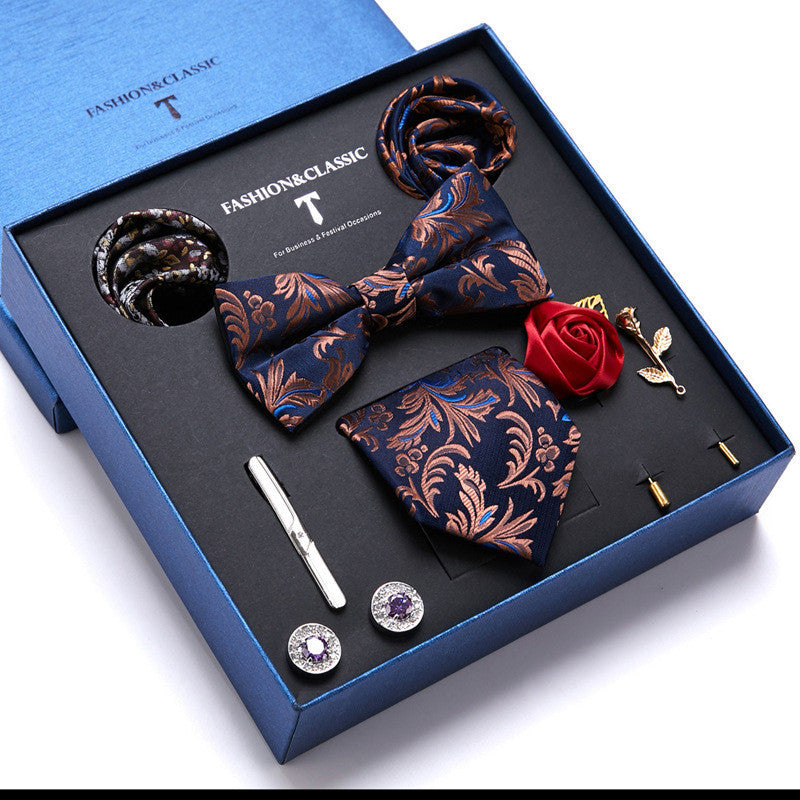 Flag Village New Men's Gift Box Tie Fashion Business Striped Necktie Square Scarf Combination Set Gift Box Gift