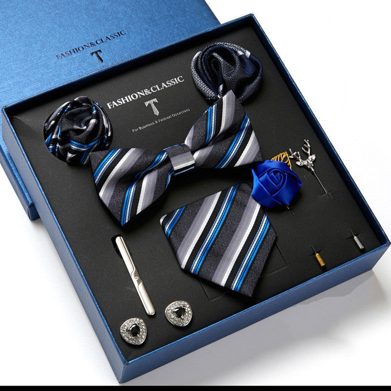 Flag Village New Men's Gift Box Tie Fashion Business Striped Necktie Square Scarf Combination Set Gift Box Gift