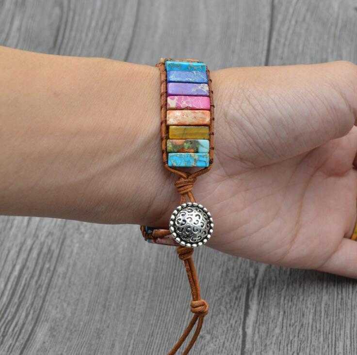 Flag Village Chakra Bracelet Jewelry Handmade Multi Color Natural Stone Tube Beads Leather Wrap Bracelet Couples Bracelets Creative Gifts