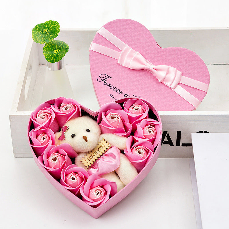 Flag Village 10 Soap Flower Rose Gift Box Bear Christmas Girlfriend Birthday Wedding Gift for Valentine's Day