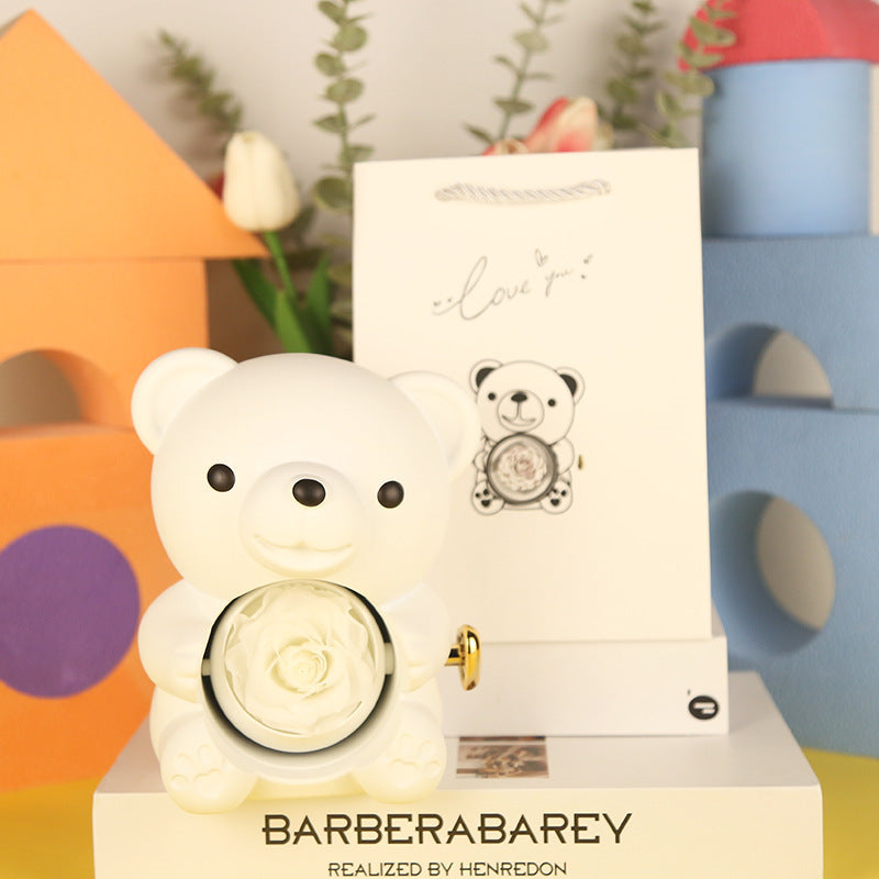 Flag Village Eternal Rose Teddy Bear Gifts Box With Necklace Rotate Rose Jewelry Box Valentine Wedding Storage Gift Case For Women Girlfriend