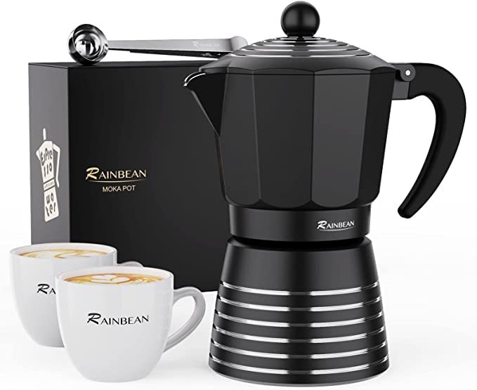 Flag Village Stovetop Espresso Maker 6 Cup 300ml, Aluminum Moka Pot Gift Set, Italian Cuban Greca Coffee, Easy To Use & Clean - Set Including 2 Cups, Spoon, Black, Perfect Gifts For Coffee Lovers