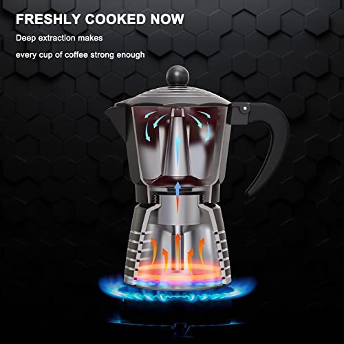 Flag Village Stovetop Espresso Maker 6 Cup 300ml, Aluminum Moka Pot Gift Set, Italian Cuban Greca Coffee, Easy To Use & Clean - Set Including 2 Cups, Spoon, Black, Perfect Gifts For Coffee Lovers